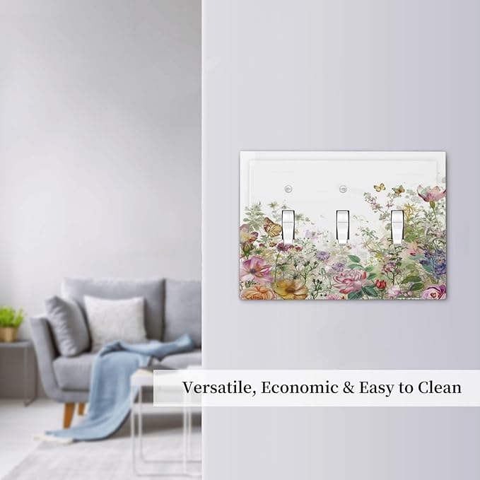 Decorative Switch Plates Boho Wildflower Colorful Floral Butterfly 3 Gang Wall Plate Triple Toggle Light Switch Cover Faceplate Electrical Wall Panels For Bed Room Living Room Decor