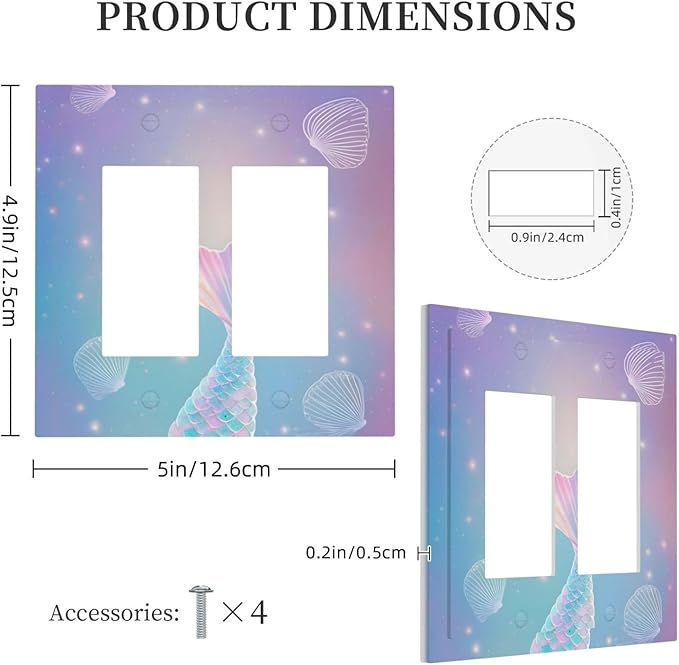 Cute Mermaid Pink Tail Scales Shells Colorful Ocean Decorative Outlet Covers 2 Gang Double GFCI Rocker Electrical Wall Panels Light Switch Cover Plate for Kids Room Nursery Decor