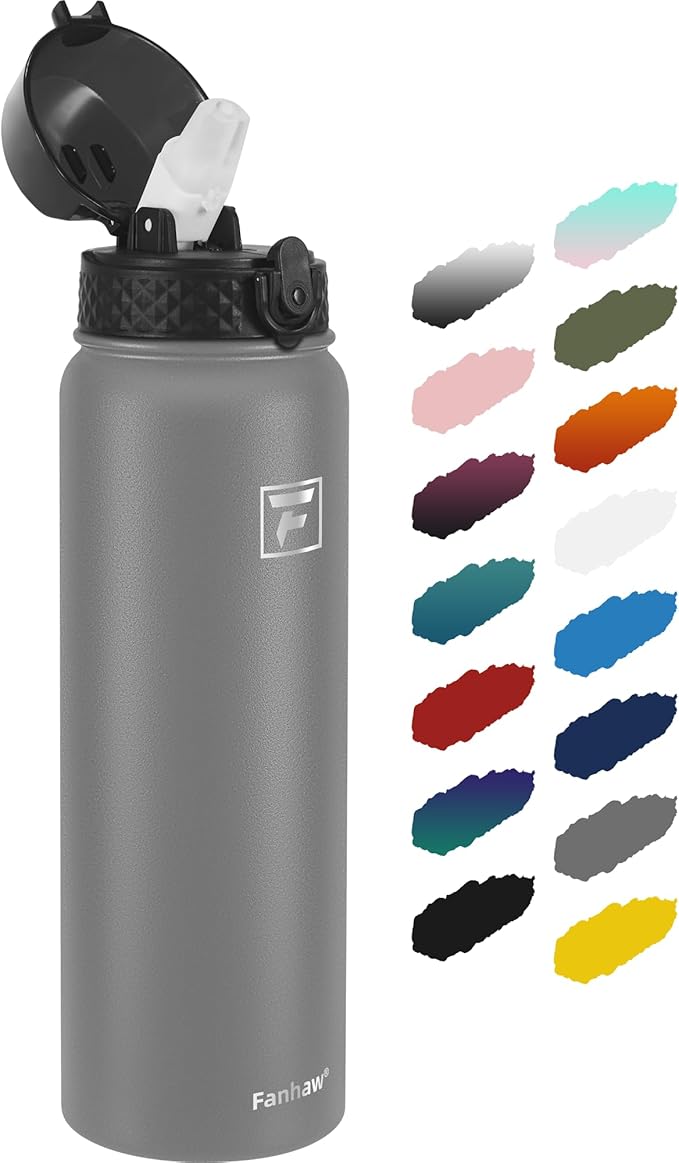 Fanhaw 32 oz Insulated Stainless Steel Water Bottle with Straw Lid, Leakproof Sports Bottle for Men, Women & Teens (Gray)
