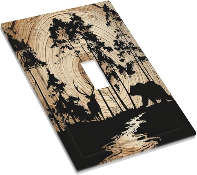 Rustic Forest Antler Black Bear Deer Silhouettes Decorative Light Switch Cover 1 Gang Single Toggle Device Electrical Faceplate Switchplates Decorator Outlet Wall Plate for Farmhouse Home Decor