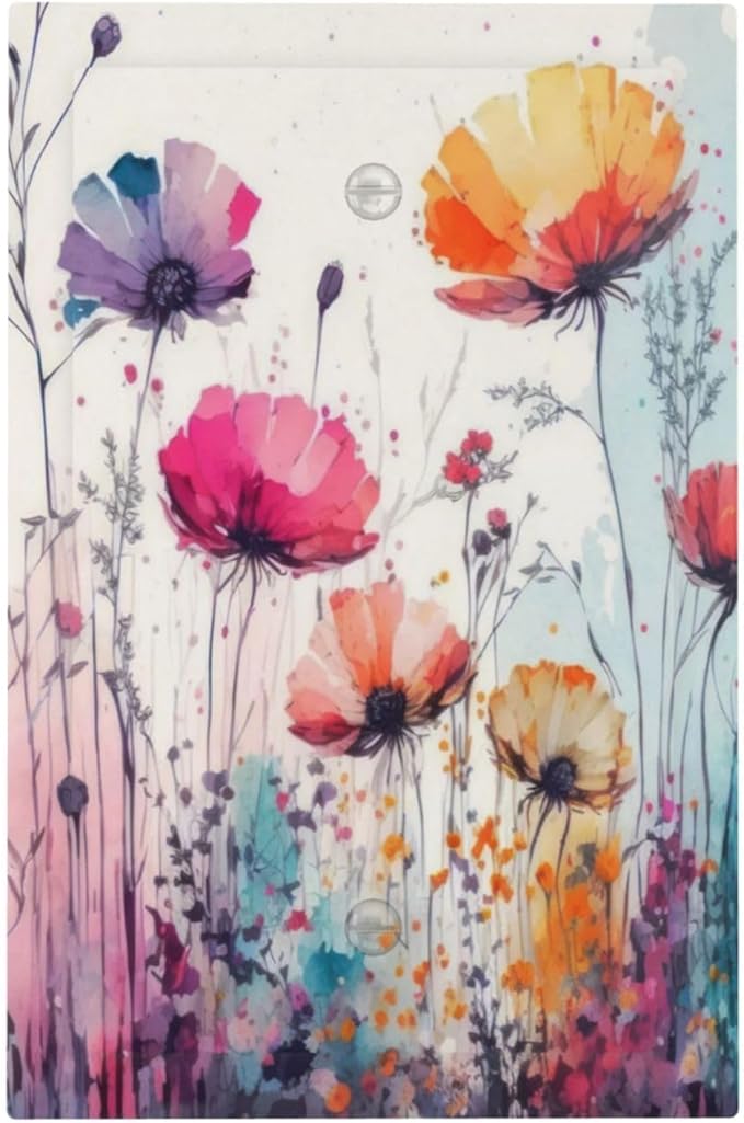 Decorative Light Switch Plate Covers Colorful Watercolor Wildflowers Elegant Painting Floral 1 Gang No Device Single Blank Outlet Covers Wall Plate Light Switch Cover Plate for Home Decor