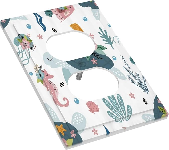 Underwater Floral Turtle Animal 1 Gang Single Duplex Light Switch Plate Outlet Cover Decorative Wall Plate Switchplate Electrical Faceplate for Nursery Kidsroom Bedroom Decor