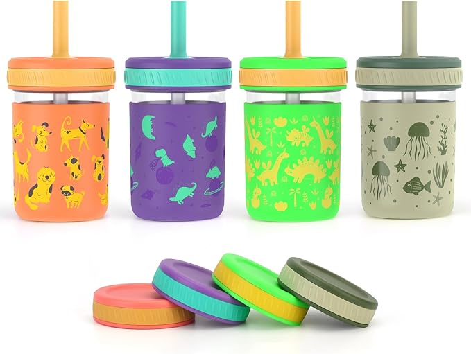 Sursip Toddler Glass Cups with Straw, Spill-Proof Kids Mason Jar Food Storage with Lids, Sippy Cups for Drinks, Smoothies, Snacks, Milk Cup [4 Pack] 8 oz 2-in-1