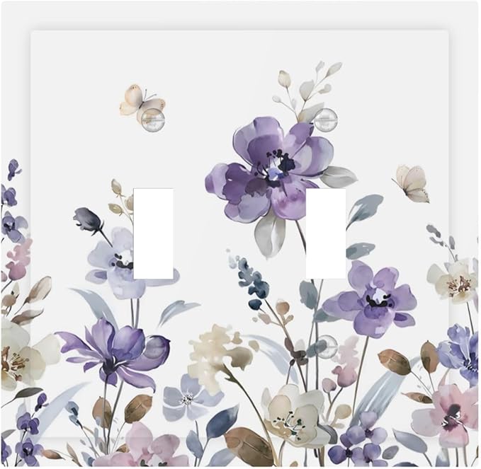 Purple Watercolor Flower Floral Butterfly Decorative Switch Plates 2 Gang Double Toggle Outlet Light Switch Cover Wall Plate Electrical Faceplate for Bedroom Living Room Decor