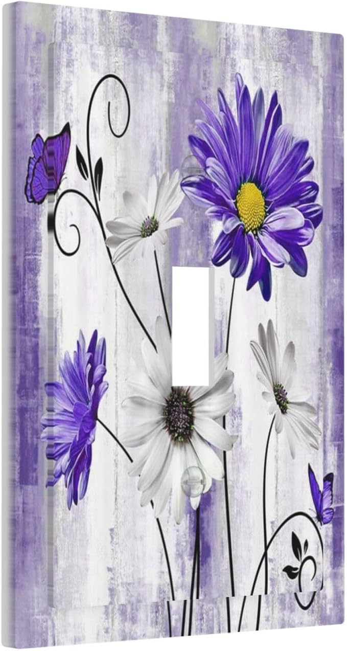 Decorative Light Switch Cover Plate Rustic Purple Daisy Butterfly Boho White Floral 1 Gang Wall Plate Cover Single Toggle Switch Plate Covers Jumbo Electrical Switchplate Receptacle Faceplate