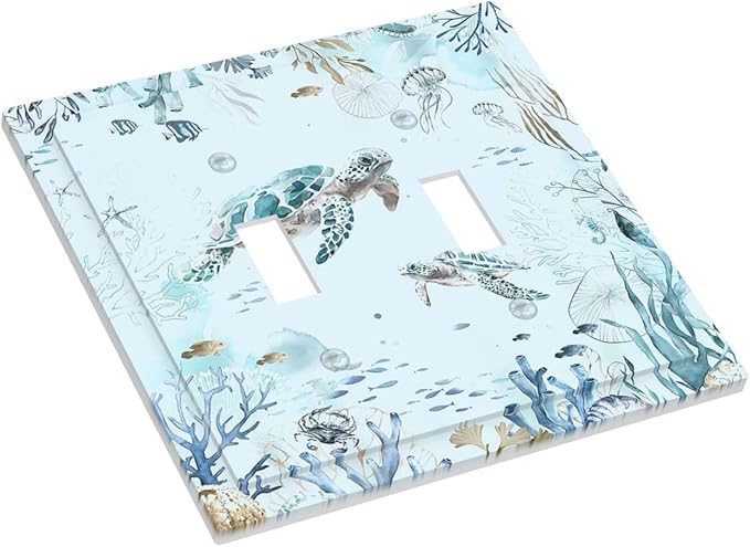 Decorative Switch Plates Teal Blue Ocean Sea Turtle Seabed Plants 2 Gang Double Toggle Wall Plate Outlet Light Switch Cover Electrical Faceplate for Bathroom Kids room Decor