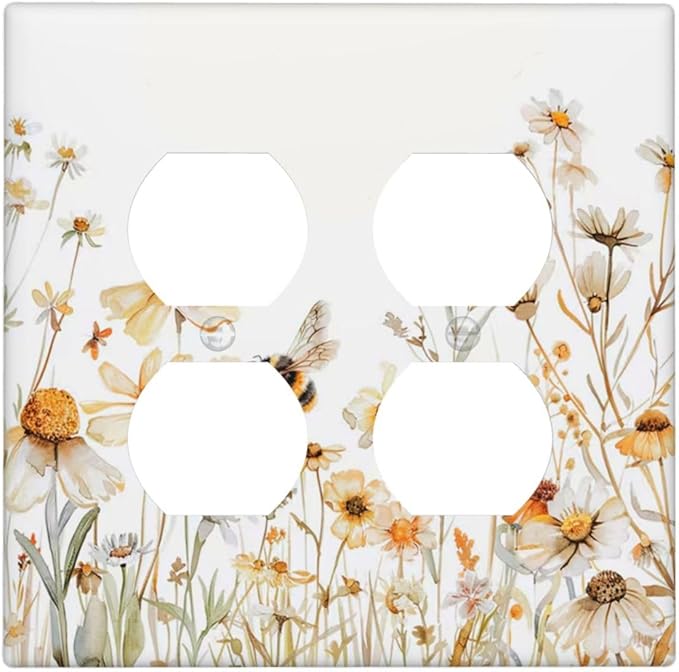 Yellow White Daisy Floral Bee Wild Flower Outlet Covers 2 Gang Double Duplex Decorative Light Switch Covers Electrical Wallplates Socket Faceplate for Bedroom Living Room Decor