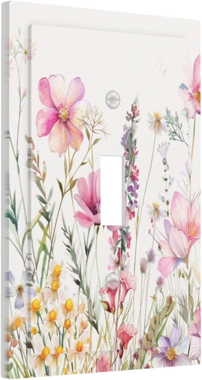 Pink Floral Wild Flowers Watercolor Plants Decorative Light Switch Cover 1 Gang Single Toggle Device Electrical Faceplate Switchplates Decorator Outlet Wall Plate for Bedroom Living Room Decor