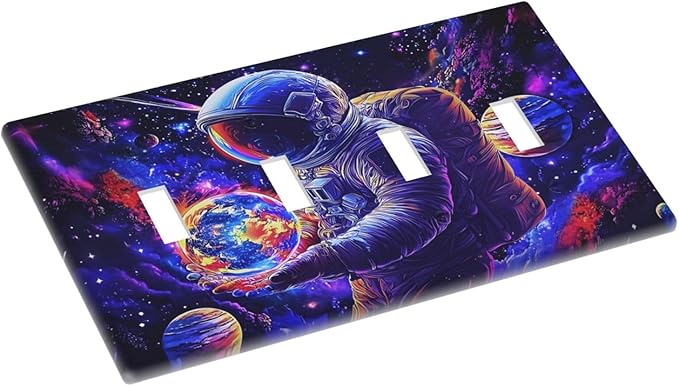 Astronaut Space Cool Galaxy Planet Light Switch Covers Quad Toggle Electrical Faceplate 4 Gang Wall Plate Decorative Switch Plates Cover for Kids Room Nursery Decor