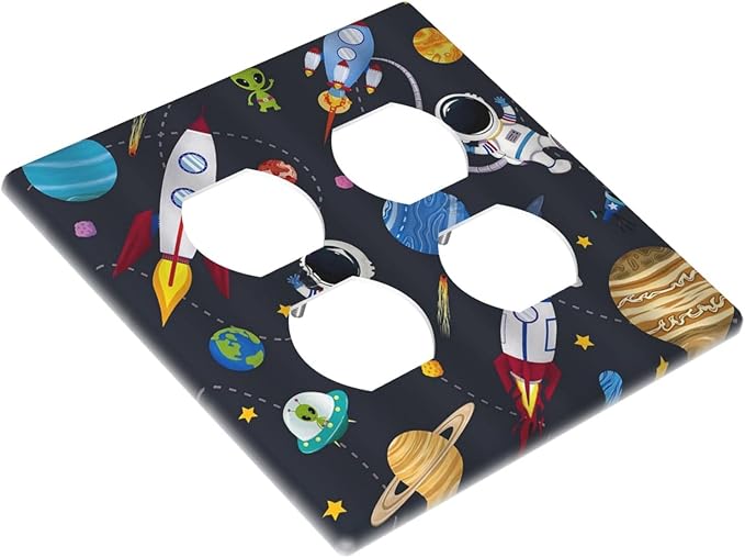 Rocket Planets Astronaut Blue Decorative Outlet Covers 2-Gang Duplex Light Switch Cover Gfci Wall Plate Covers Electrical Receptacle Switch Plate Cover Plug Faceplate for Bathroom Decor