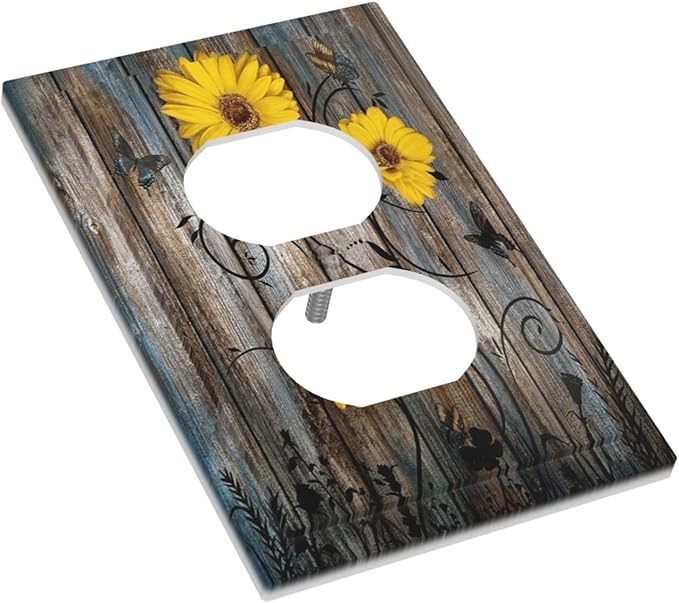 Rustic Barn Sunflower Wooden Daisy Flower Plank Outlet Covers 1 Gang Duplex Light Switch Cover Decorative Switch Plates Electrical Receptacle Faceplate Wall Plate for Farmhouse Home Decor