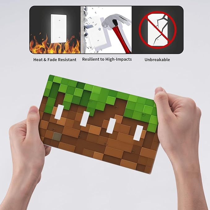 Pixel Style Gamer Themed Grass Block Light Switch Covers Quad Toggle Electrical Faceplate 4 Gang Wall Plate Decorative Switch Plates Cover for Kids Room Office Home Decor