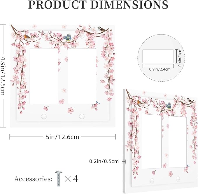 Pink Cherry Blossom Flower Vine Floral Tree Branch Birds Decorative Outlet Covers 2 Gang Double GFCI Rocker Electrical Wall Panels Light Switch Cover Plate for Bedroom Living Room Decor