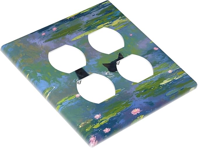 Decorative Light Switch Cover Plate Cute Black Cat Water Lily Pond Watercolor 2 Gang Decorative Switch Plates 1 Toggle Duplex Combo Outlet Covers GFCI Plug Covers Wallplates for Kids Room Nursery