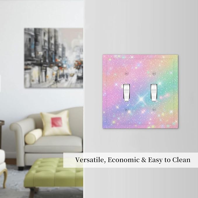 Decorative Light Switch Plate Covers Rainbow Shiny Gradient Colors 2 Gang Wall Plate Double Toggle Switch Cover Plate Electric Dual Device Electrical Faceplate for Kids Room Nursery Decor