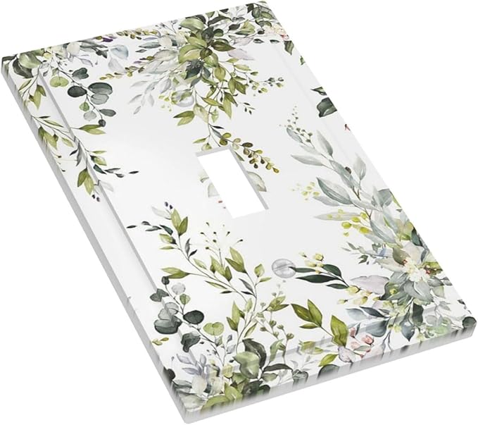 Eucalyptus Sage Green Leaf Plant Floral Decorative Light Switch Cover 1 Gang Single Toggle Device Electrical Faceplate Switchplates Decorator Outlet Wall Plate for Bedroom Living Room Decor
