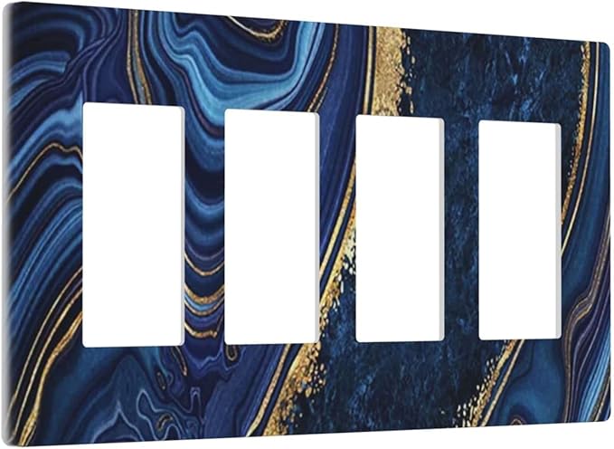 Navy Blue Marble 4 Gang Quad Rocker/Decor Light Switch Cover Plate Decorative Electrical Faceplate for Bathroom Room Decorate Jumbo Size Screwless 8.3" x 4.6