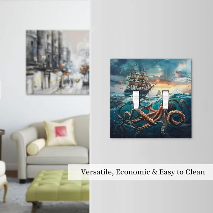 Light Switch Cover Plate Sailboat Ship Octopus Ocean Sea Waves 2 Gang Double Toggle Decorative Switch Plates Wall Plates Electrical Faceplate for Bathroom Bedroom Decor