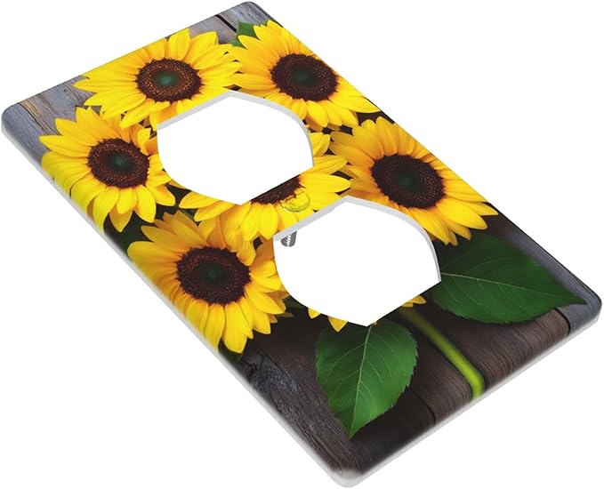 1-Gang Duplex Wall Plate, Yellow Floral Sunflower Printed Pattern Outlet Cover, Faux Rustic Wood Look Decor for Farmhouse Kitchen