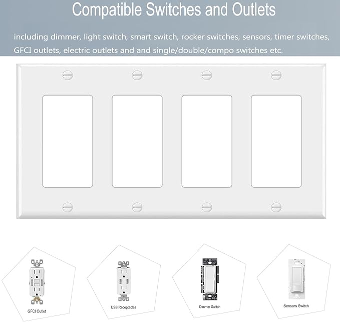4-Gang Switch Outlet Wall Plate Cover Decorator Electrical Faceplate for Light Switch, Smart Switch, Receptacle, Dimmers, USB Outlet, GFCI, White (6-Pack)