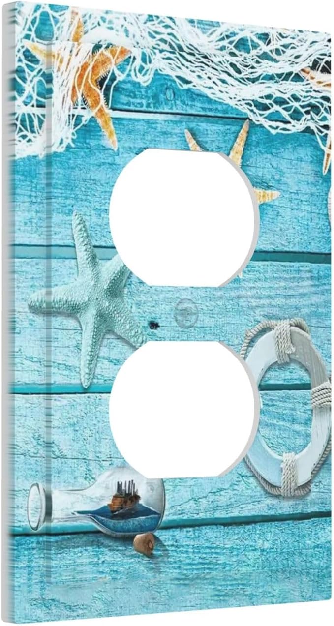 Turquoise Teal Fishing Net Wood Plank 1 Gang Outlet Plate Covers Decorative Single Duplex Wall Plate Electrical Receptacle Light Switch Cover Electric Switchplate Country Decor