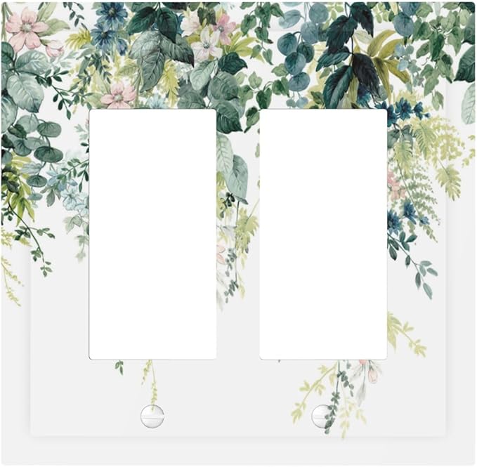 Colorful Plant Flower Sage Eucalyptus Leaves Decorative Outlet Covers 2 Gang Double GFCI Rocker Electrical Wall Panels Light Switch Cover Plate for Bedroom Living Room Decor