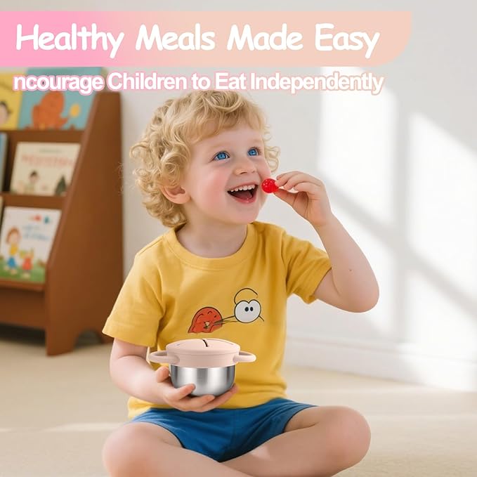 Mity rain Stainless Steel Snack Containers for Toddlers with Spill-Proof Silicone Lids Handles - 3-in-1 Baby Snack Cups, No-Spill Toddler Snack Box (Pink+Yellow, Two piece set)