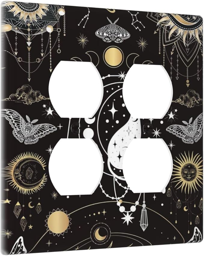White Cat Tarot Moon Phases Moth Celestial Gothic Outlet Covers 2 Gang Double Duplex Decorative Light Switch Covers Electrical Wallplates Socket Faceplate for Kids Room Bedroom Decor