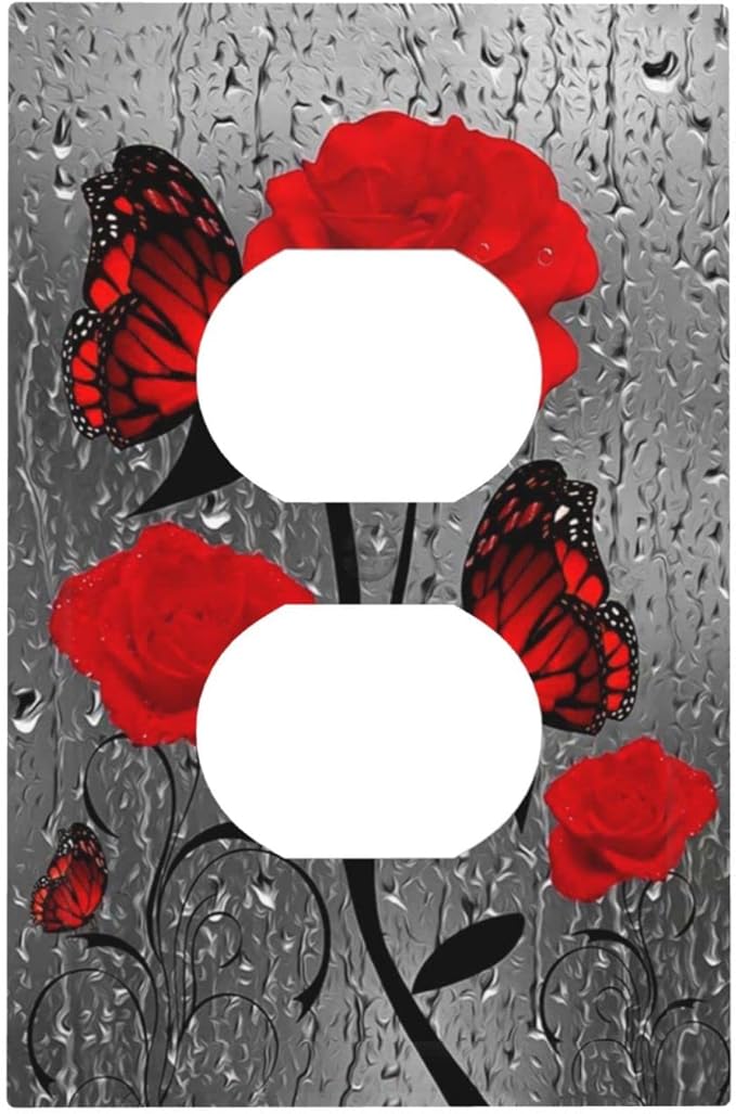 Red Rose Valentine's Day 1 Gang Outlet Covers Duplex Receptacle Wall Plate Decorative Electrical Faceplate Switchplates Red Rose Flower Butterfly Painted Girls Bedroom Decorate 5" x 3 Large Size