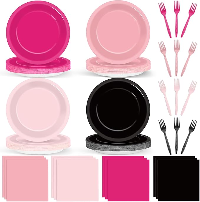 96Pcs Hot Pink and Black Party Supplies Black and Pink Paper Plates and Napkins Birthday Decorations Disposable Tableware Set for Women Girls Bachelorette Birthday Wedding Party Decorations Serves 24