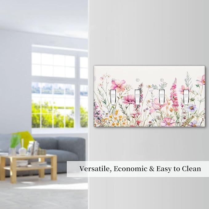 Pink Floral Wild Flowers Watercolor Plants Light Switch Covers Quad Toggle Electrical Faceplate 4 Gang Wall Plate Decorative Switch Plates Cover for Bedroom Living Room Decor