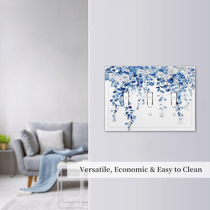 Blue Eucalyptus Leaves Floral Vine Flower Decorative Switch Plates 3 Gang Wall Plate Triple Toggle Light Switch Cover Faceplate Electrical Wall Panels for Bedroom Living Room Decor