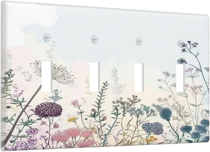 Colorful Wildflower Watercolor Dandelion Floral Light Switch Covers Quad Toggle Electrical Faceplate 4 Gang Wall Plate Decorative Switch Plates For Cabin Home Decor