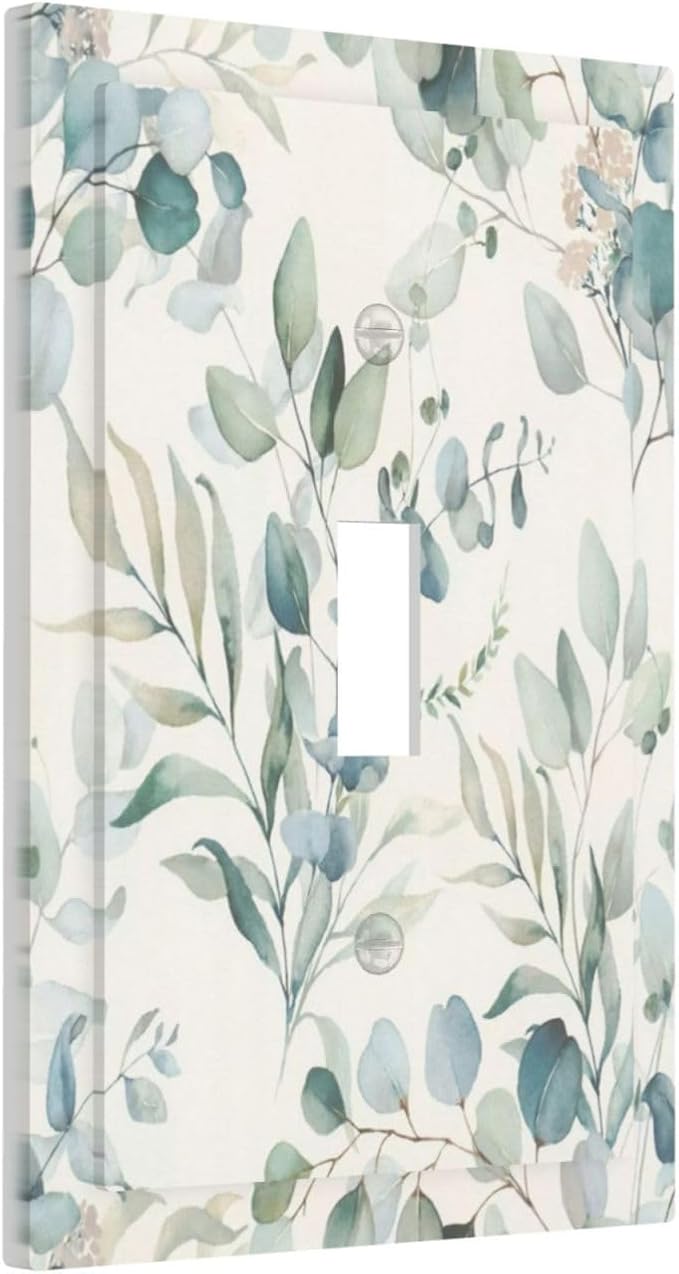 Boho Green White Eucalyptus Leaf Floral Decorative Light Switch Cover 1 Gang Single Toggle Device Electrical Faceplate Switchplates Decorator Outlet Wall Plate for Farmhouse Living Room Decor