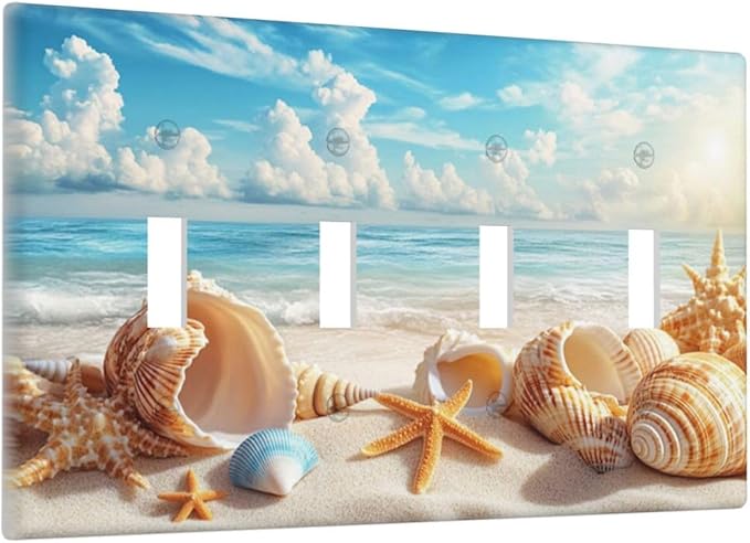 Beach Coastal Seashore Sea Starfish Shell Sand Light Switch Covers Quad Toggle Electrical Faceplate 4 Gang Wall Plate Decorative Switch Plates for Bathroom Home Decor