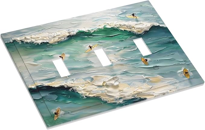 Beach Waves Ocean Surfing Hoverboard Painting Print Decorative Switch Plates 3 Gang Wall Plate Triple Toggle Light Switch Cover Faceplate Electrical Wall Panels for Bedroom Living Room Decor
