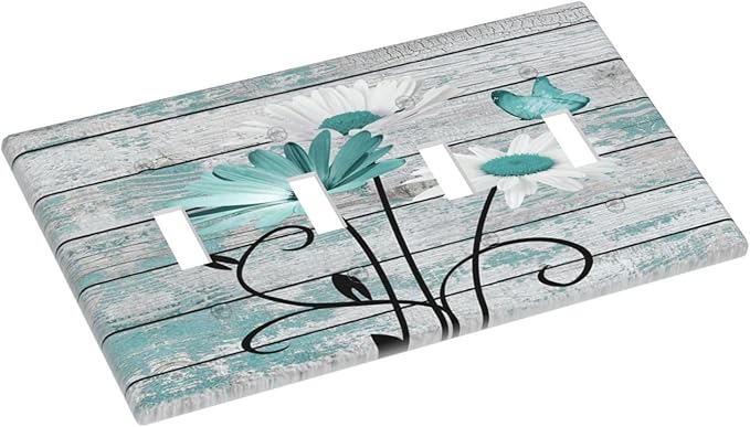 Teal White Daisy Flower Butterfly On Rustic Wood Board Light Switch Covers Quad Toggle Electrical Faceplate 4 Gang Wall Plate Decorative Switch Plates Cover for Farmhouse Bedroom Decor