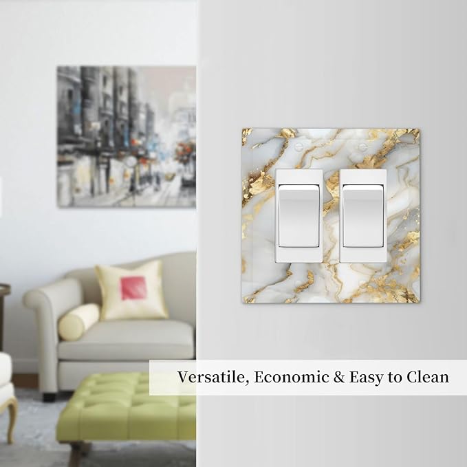Luxurious White Gold Marble Patterns Abstract Decorative Outlet Covers 2 Gang Double GFCI Rocker Electrical Wall Panels Light Switch Cover Plate for Bathroom Kitchen Decor