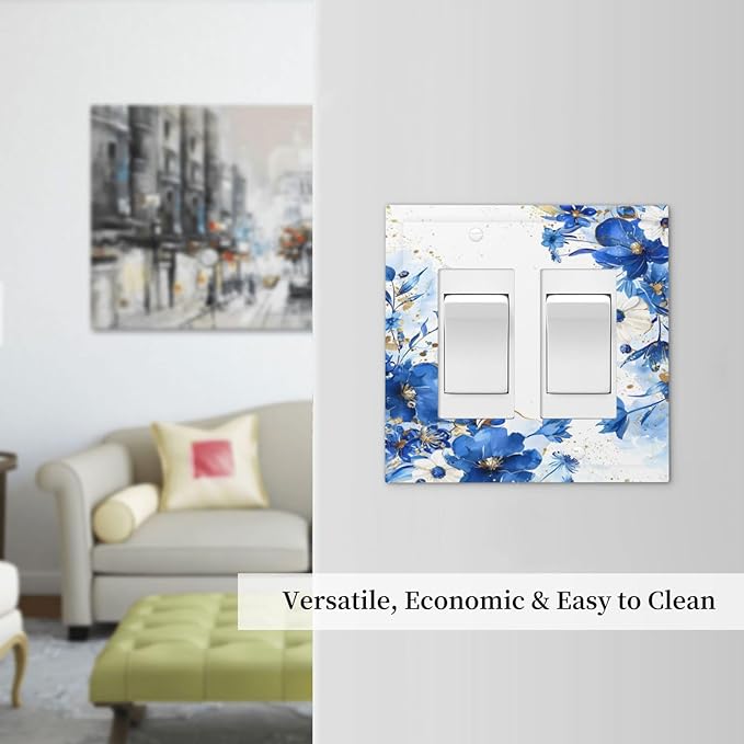 Klein Blue Flowers Watercolor Golden White Floral Decorative Outlet Covers 2 Gang Double GFCI Rocker Electrical Wall Panels Light Switch Cover Plate for Bedroom Living Room Decor