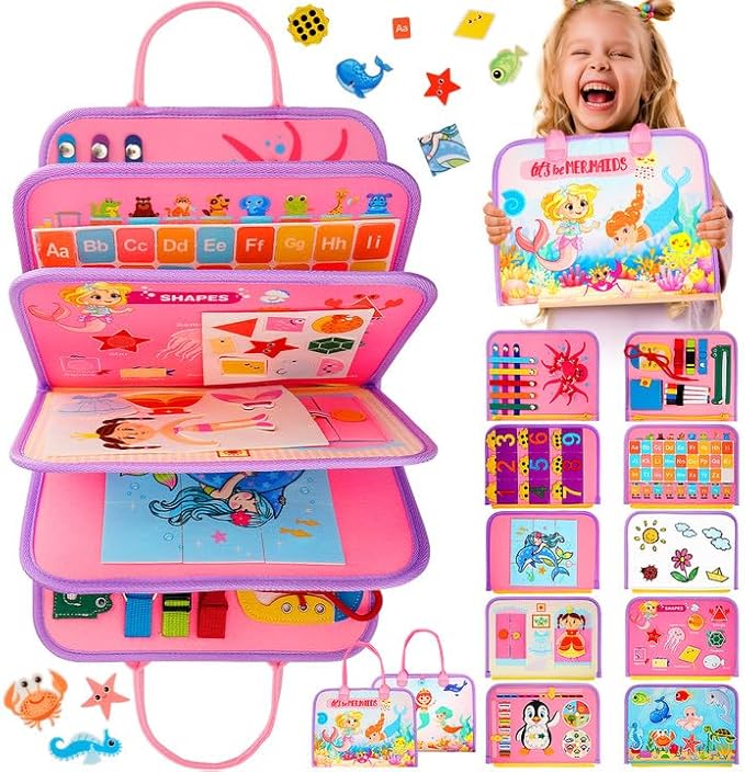 SaFeli Toddler Busy Board, Montessori Toys for Toddler Girl Birthday Gifts, Learning Toys Sensory Busy Book Toys for Toddlers, Travel Educational Book for Airplane Car | Birthday Gift for Girls, Pink
