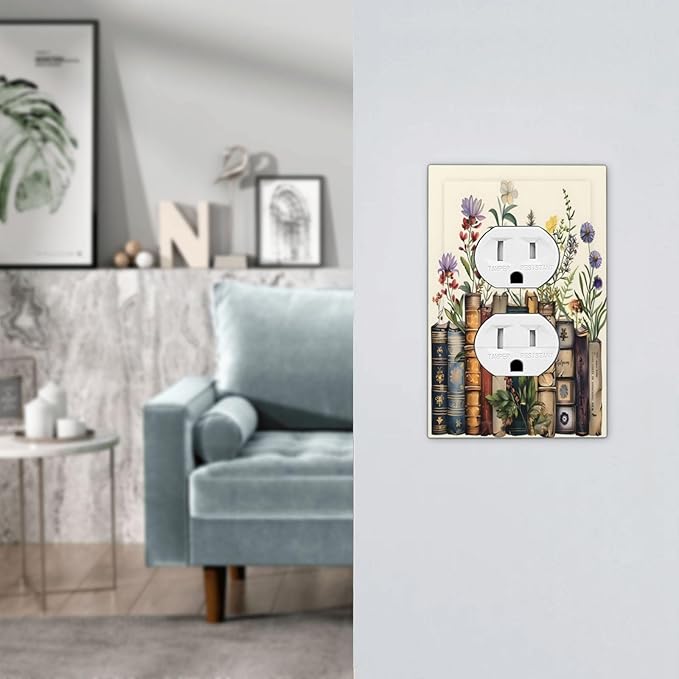 Plant Floral Books Colorful Flower Outlet Covers 1 Gang Duplex Light Switch Cover Decorative Switch Plates Electrical Receptacle Faceplate Wall Plate for Kids Room Bedroom Decor