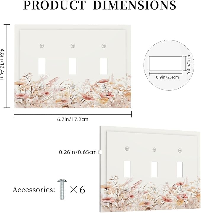 Decorative Light Switch Cover Plate Boho Floral Watercolor Flower Pattern 3 Gang Wall Plate Triple Toggle Switch Plate Covers Electrical Outlet Cover for living Room Home Decor