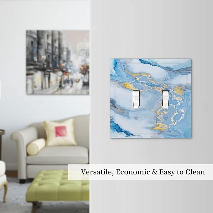 Beautiful Marble Texture Blue Gold Fluid Abstract Print Decorative Switch Plates 2 Gang Double Toggle Outlet Light Switch Cover Wall Plate Electrical Faceplate for Bedroom Bathroom Decor