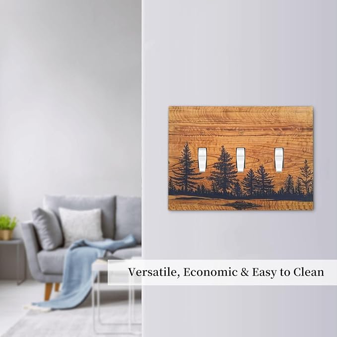 Country Farm Forest Pine Tree Woodland Woods 3 Gang Screwless Triple GFCI Decorator/Rocker Light Switch Wall Plate Rustic Orange Wood Wooden Decorative Dual Device Receptacle Faceplate Outlet Cover