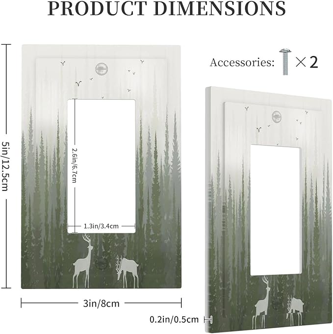 Green Pine Tree Deer Country forest Bird Nature Mist Decorative Outlet Covers 1 Gang Single Rocker Wall Plates Gfci Faceplate Light Switch Cover Plate for Bedroom Home Decor