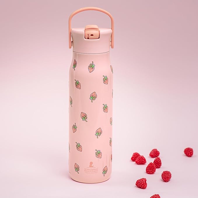 Zak Designs Harmony Water Bottle Benefiting St. Jude, For Travel or At Home, 32oz Stainless Steel is Leak-Proof When Closed and Vacuum Insulated with Straw Lid and Carry Handle (Strawberry)