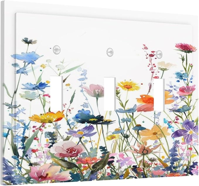Watercolor Wildflowers Colorful Floral Plant Decorative Switch Plates 3 Gang Wall Plate Triple Toggle Light Switch Cover Faceplate Electrical Wall Panels for Bedroom Living Room Decor