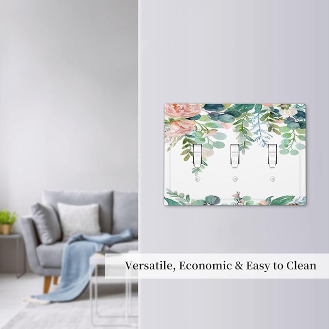 Green Eucalyptus Leaves Floral Watercolor Flower Decorative Switch Plates 3 Gang Wall Plate Triple Toggle Light Switch Cover Faceplate Electrical Wall Panels for Bed Room Living Room Decor