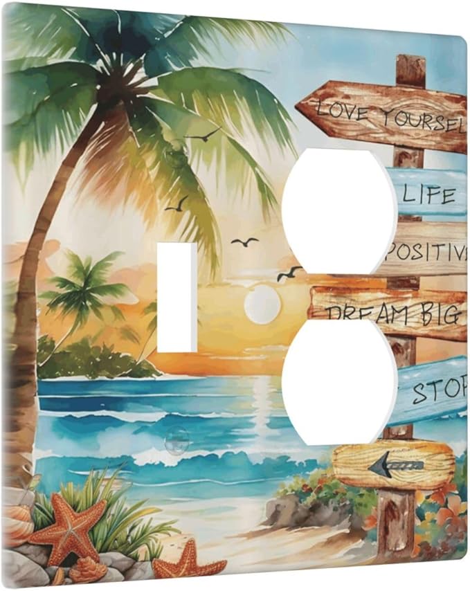 Tropical Beach Palm Tree Summer Coastal Ocean Sunset Wallplates 1 Toggle 1 Duplex Switch Plate Electrical GFCI Faceplate Decorative Light Switch Covers for Bedroom Living Room Decor