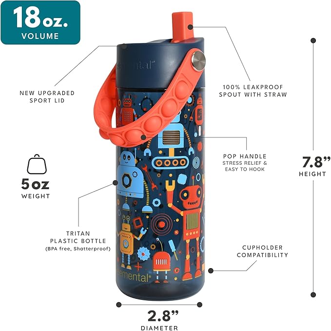 Elemental Water Bottles for Kids - Splash Kids Water Bottle for School with Pop-it Handle - BPA Free Tritan Plastic Water Bottle with Straw Leak Proof when Spout is Closed - Blue Robot - 18oz